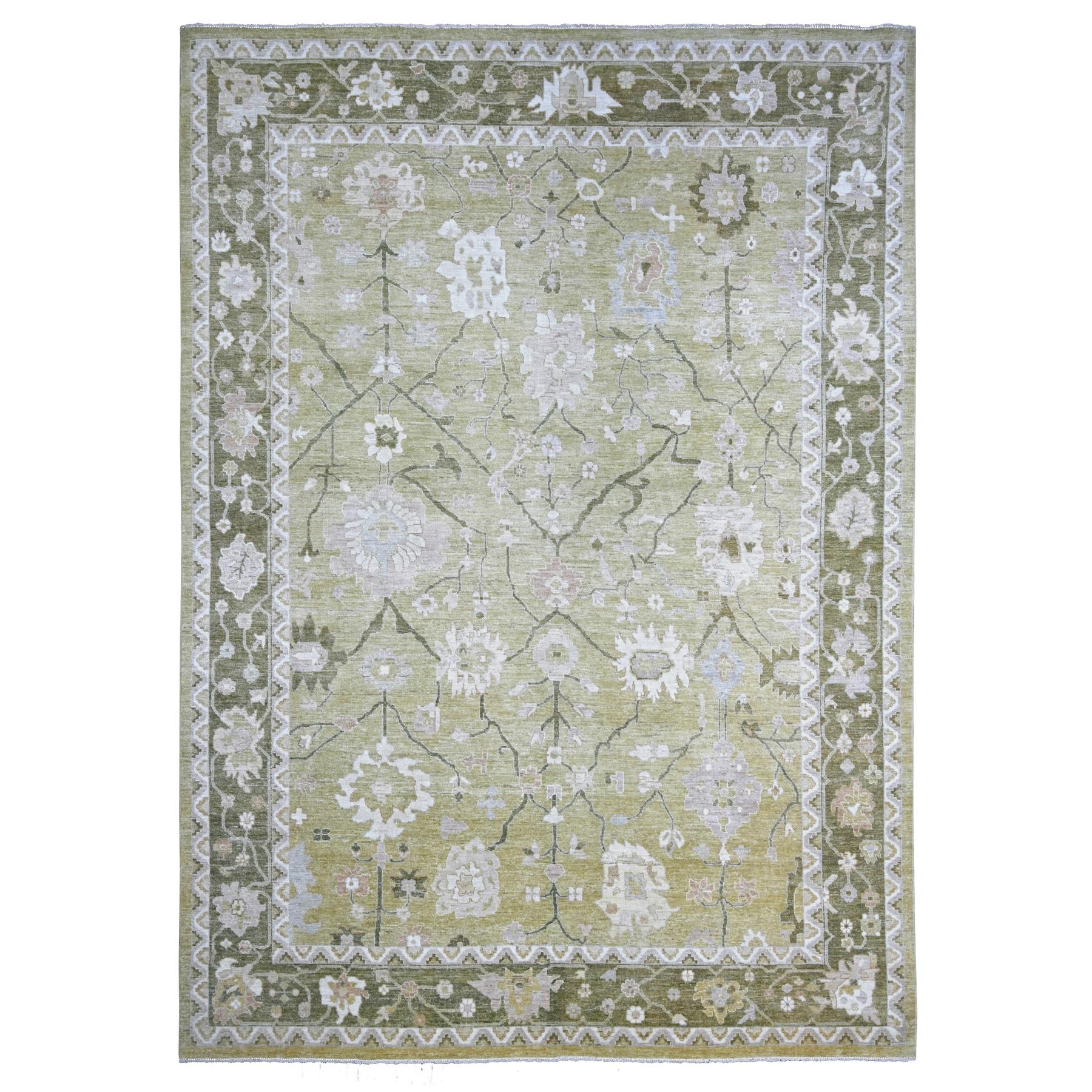 10'x13'6" Olive Green, Afghan Angora Oushak with All Over Leaf Design, Hand Knotted, 100% Wool, Vegetable Dyes, Oriental Rug 